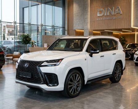 نمای جلو لکسوس LX 600 F Sport مدل ۲۰۲۳ سفید در نمایشگاه دینا (Dina)